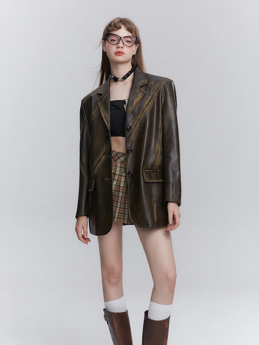 Y2K Leather Blazer Maillard Style Jacket