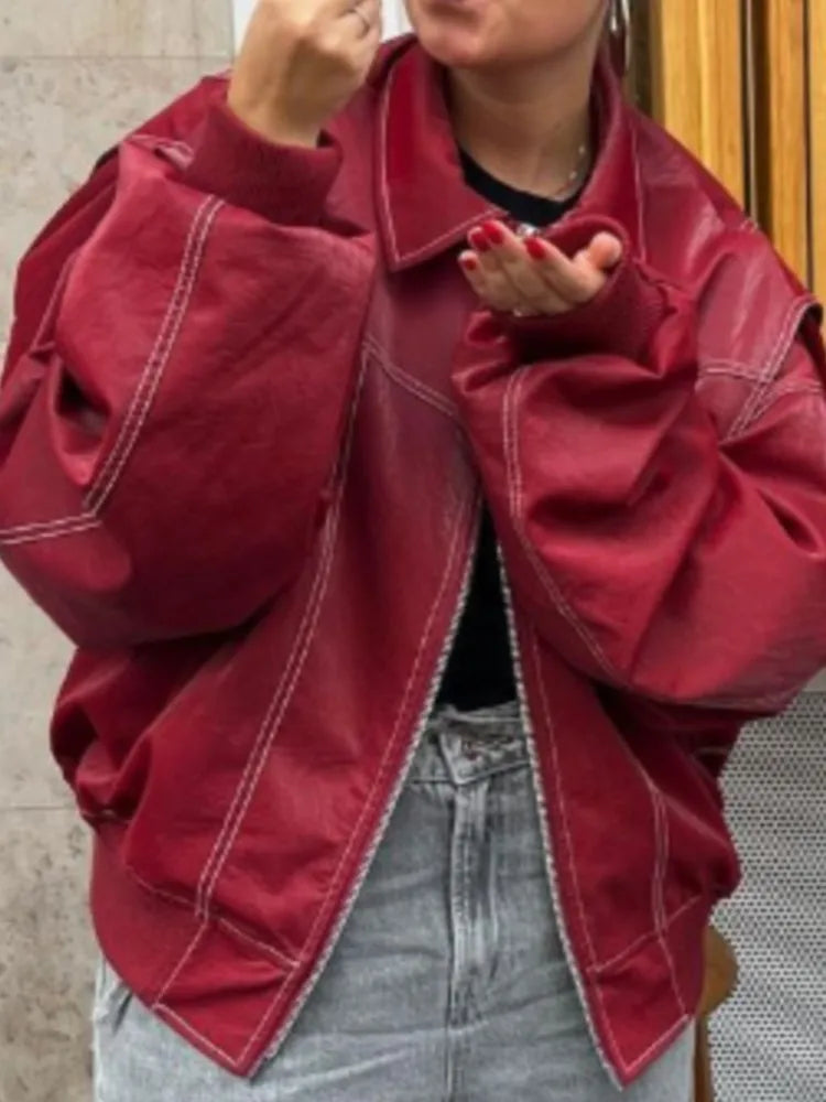 Y2K Leather Bomber Jacket Red
