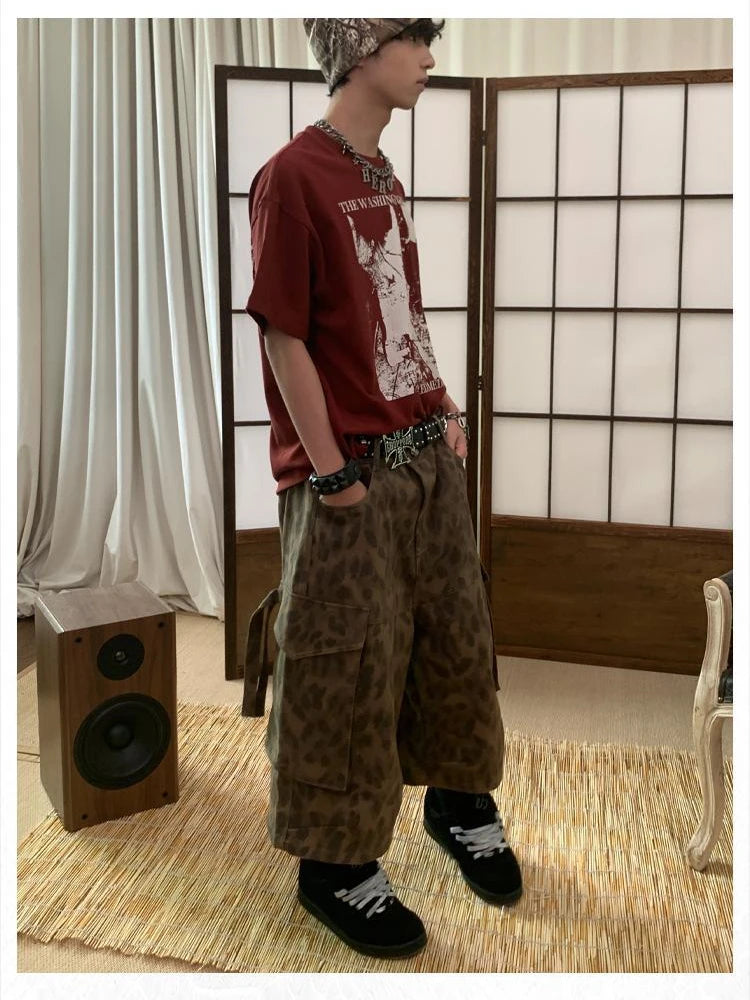 Y2K Leopard Print Baggy Cargo Jorts