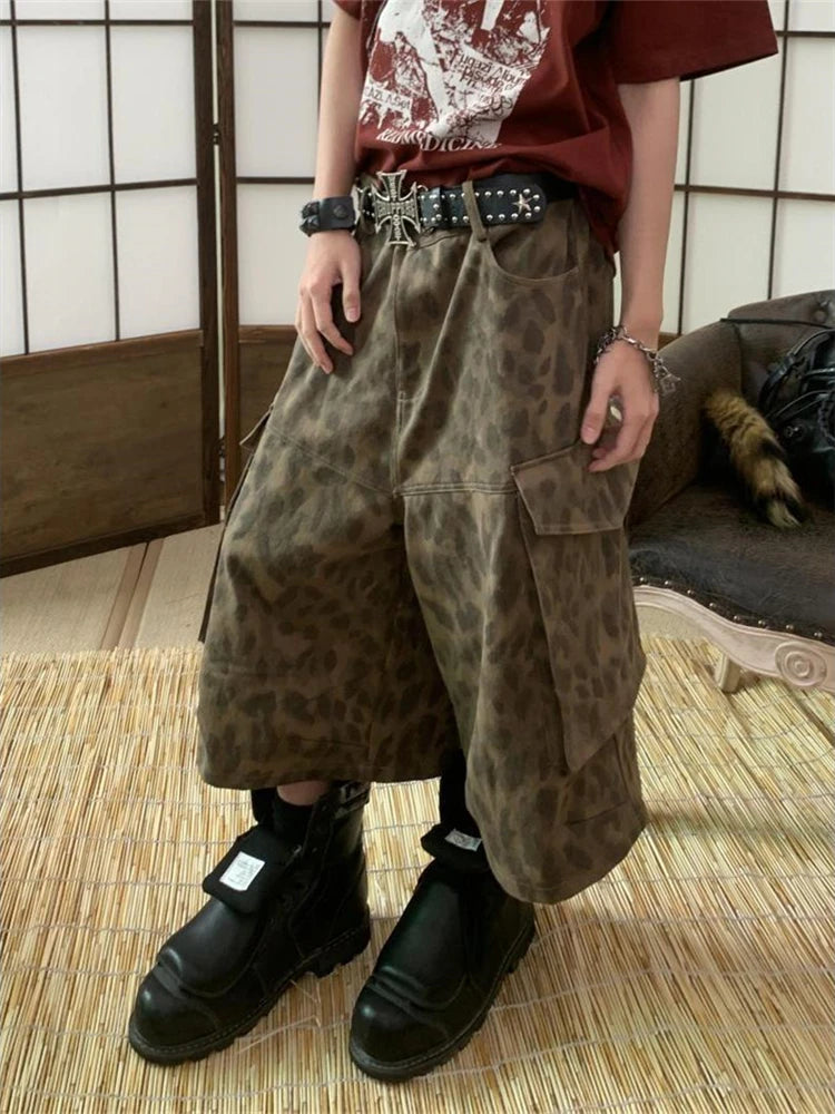 Y2K Leopard Print Baggy Cargo Jorts