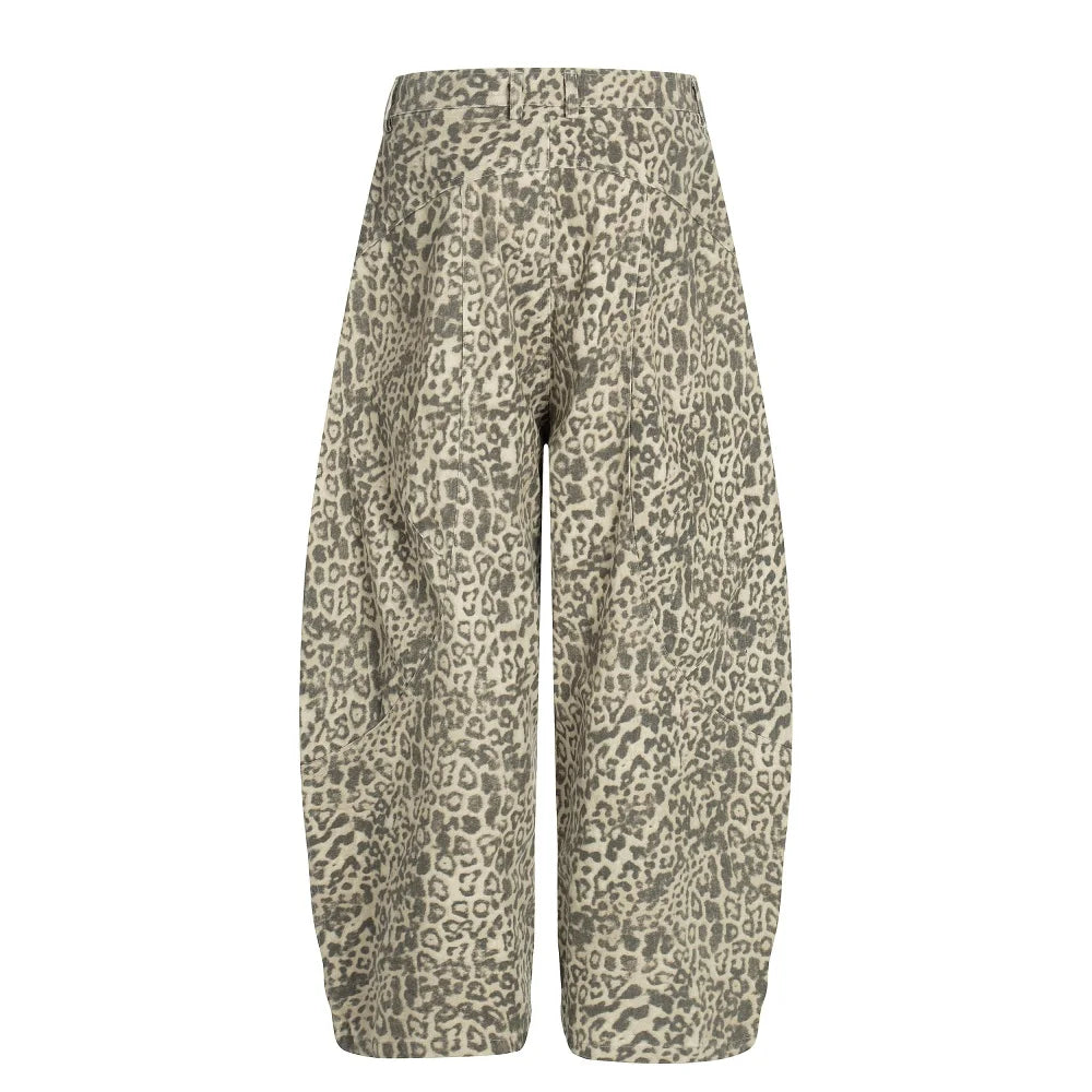 Y2K Leopard Print Baggy Denim Curved Barrel Jeans