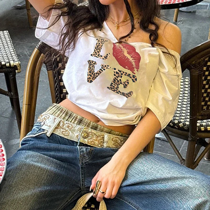 Y2K Leopard Print Love Graphic Off Shoulder Crop Top