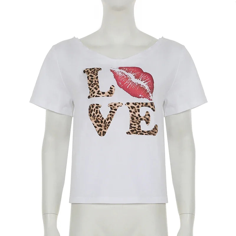 Y2K Leopard Print Love Graphic Off Shoulder Crop Top