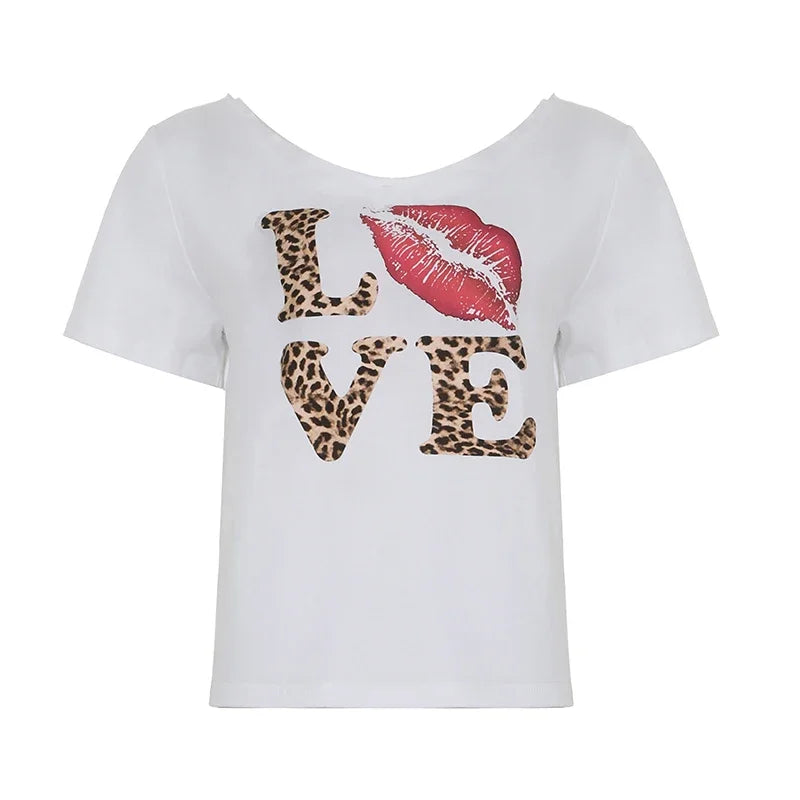 Y2K Leopard Print Love Graphic Off Shoulder Crop Top