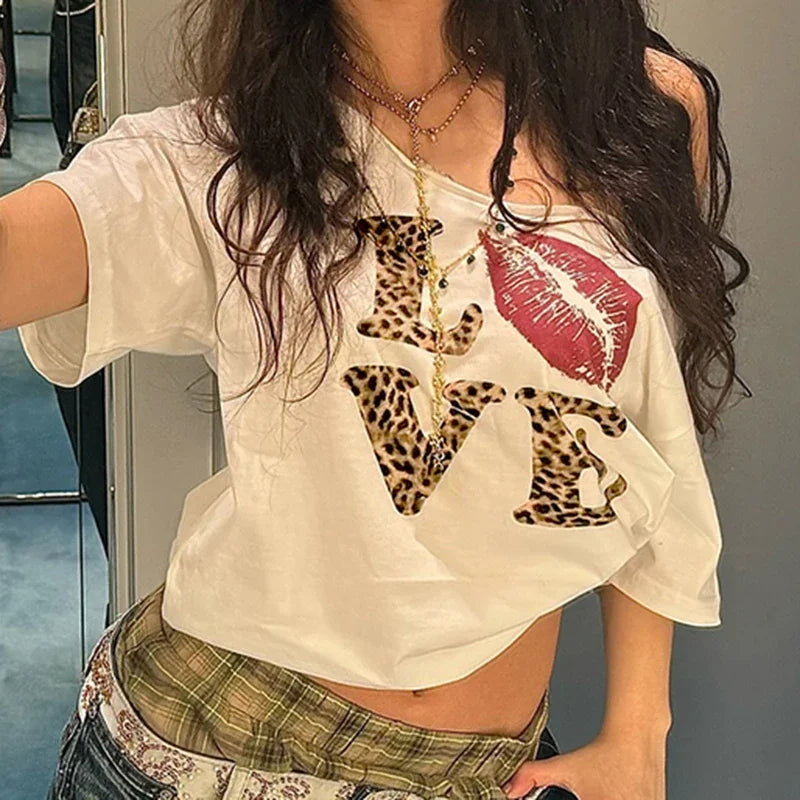 Y2K Leopard Print Love Graphic Off Shoulder Crop Top