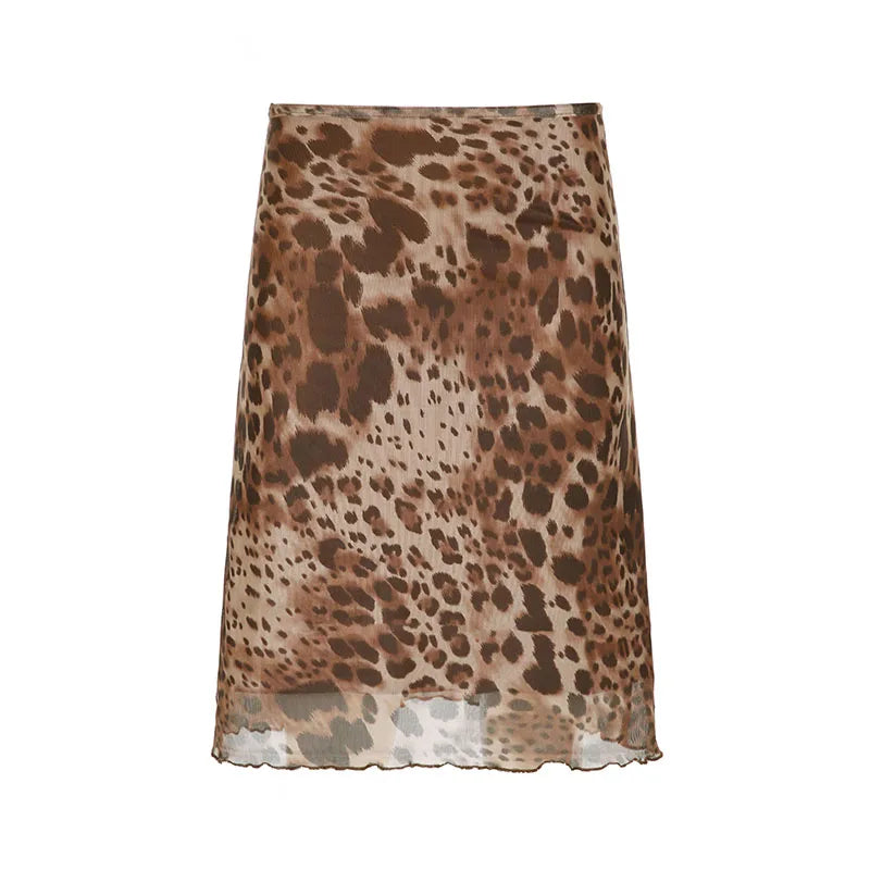 Y2K Leopard Print Mesh Flowy Midi Skirt