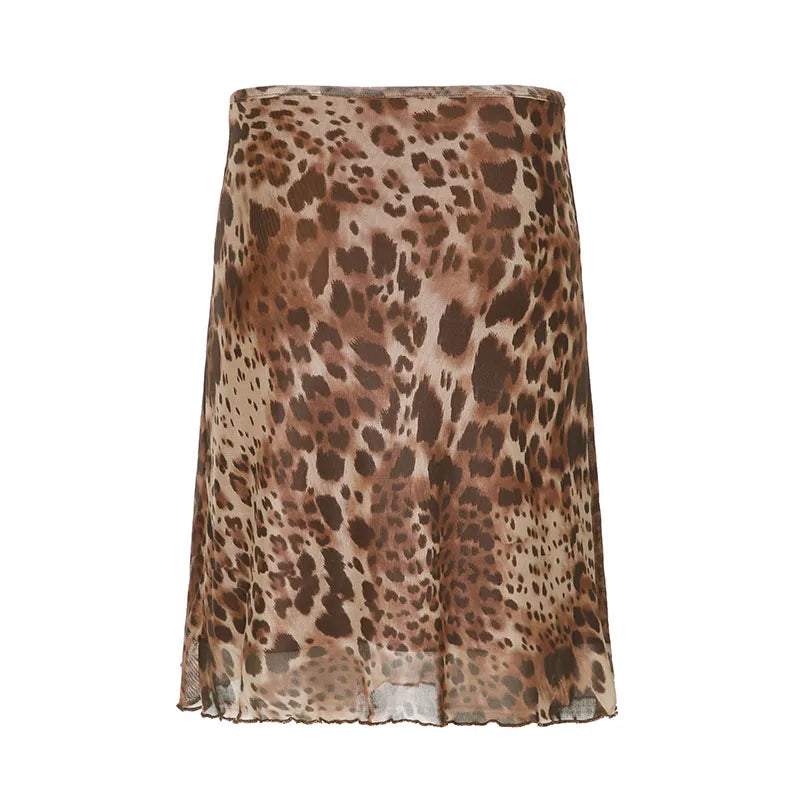 Y2K Leopard Print Mesh Flowy Midi Skirt