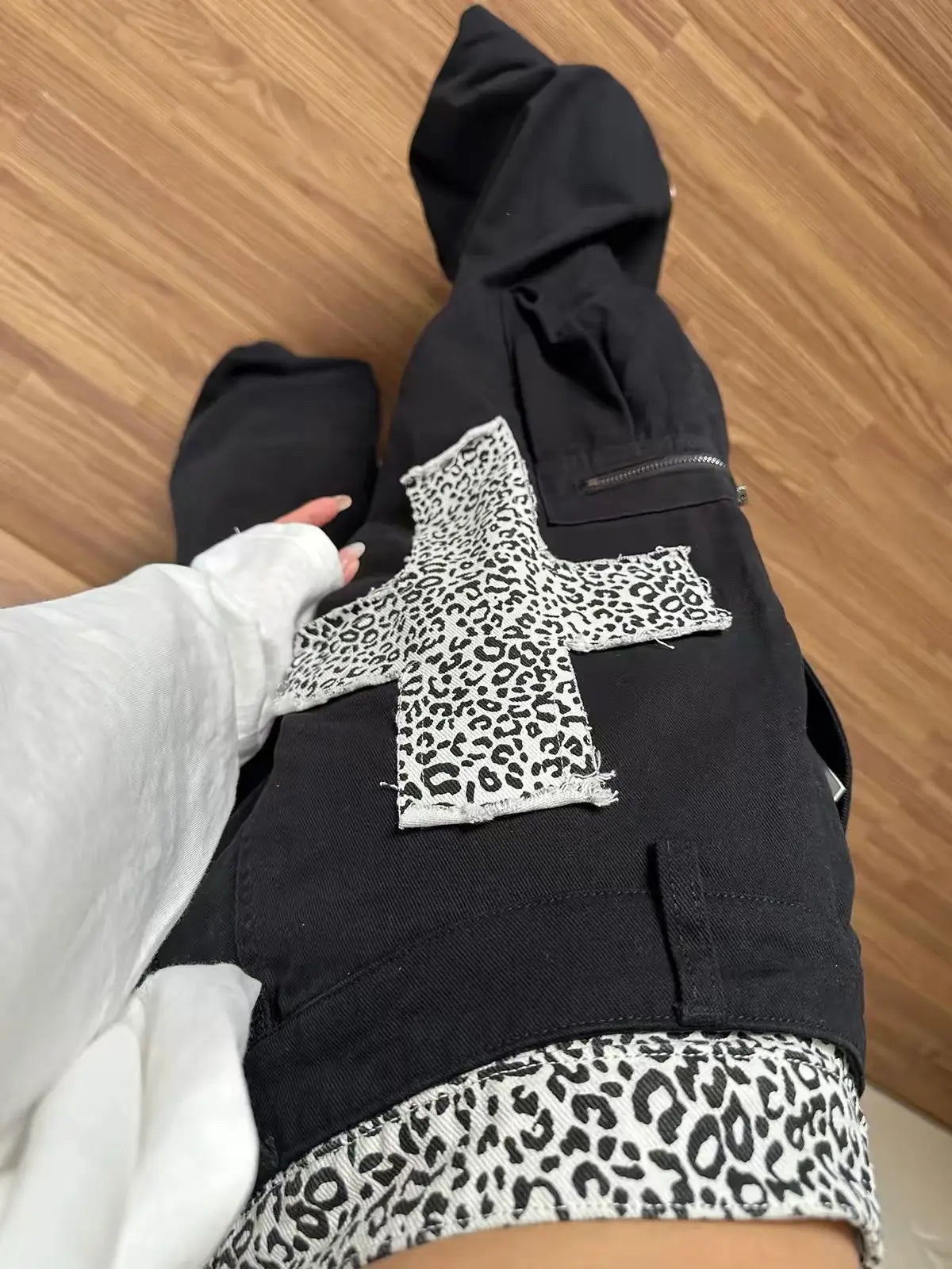 Y2K Leopard Print Patchwork Cross Double Waist Baggy Barrel Jeans