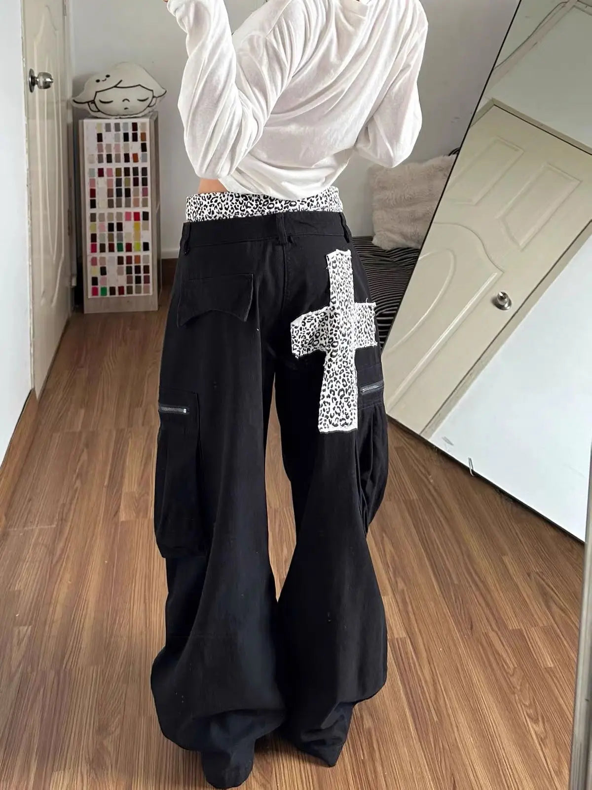 Y2K Leopard Print Patchwork Cross Double Waist Baggy Barrel Jeans