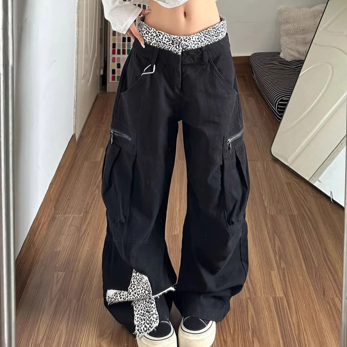 Y2K Leopard Print Patchwork Cross Double Waist Baggy Barrel Jeans
