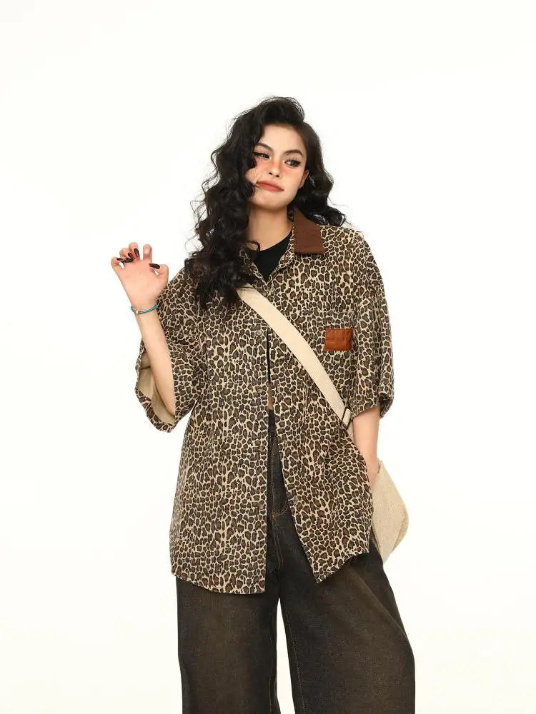 Y2K Leopard Print Short Sleeved Baggy Button Up Shirt