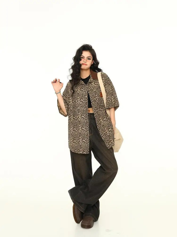 Y2K Leopard Print Short Sleeved Baggy Button Up Shirt