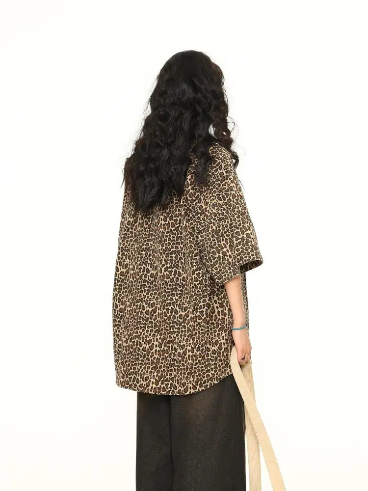 Y2K Leopard Print Short Sleeved Baggy Button Up Shirt