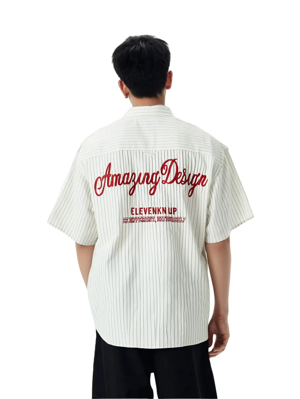 Y2K Letter Embroidered Striped Single Breasted Short Sleeve Shirt