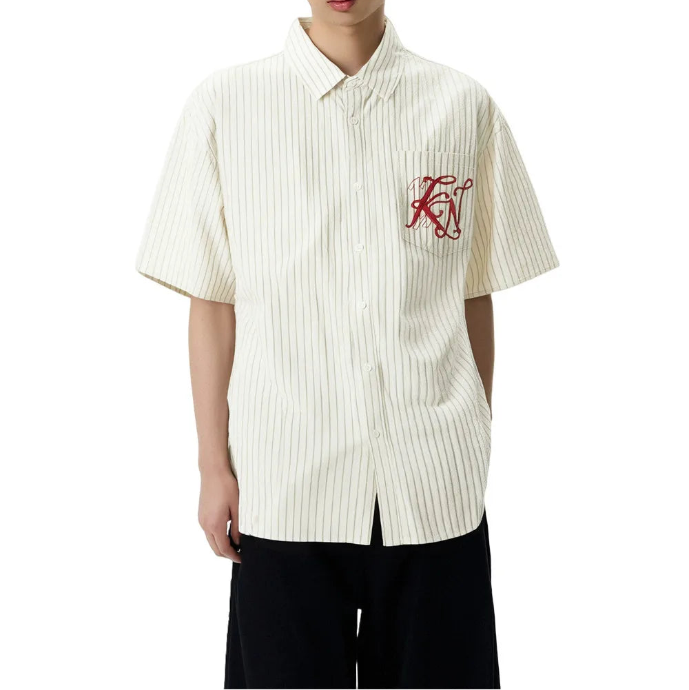 Y2K Letter Embroidered Striped Single Breasted Short Sleeve Shirt