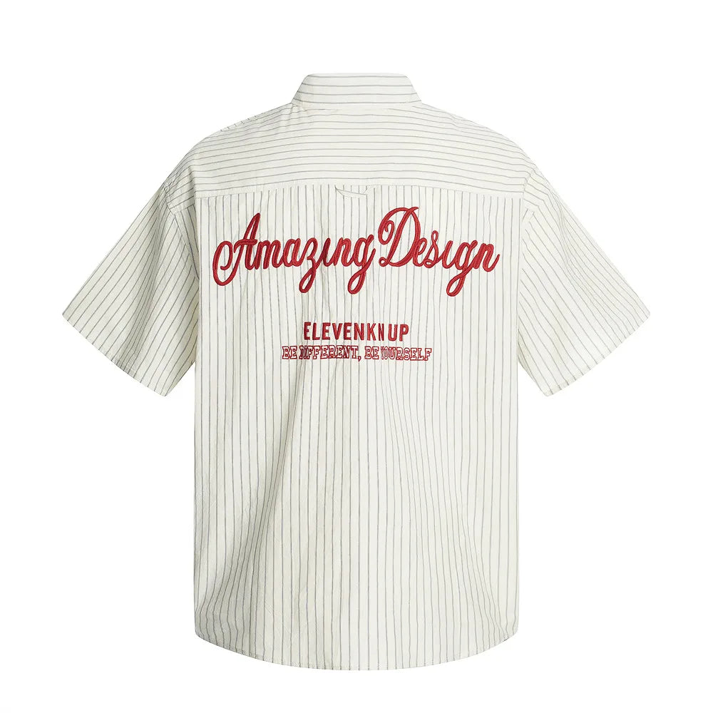 Y2K Letter Embroidered Striped Single Breasted Short Sleeve Shirt