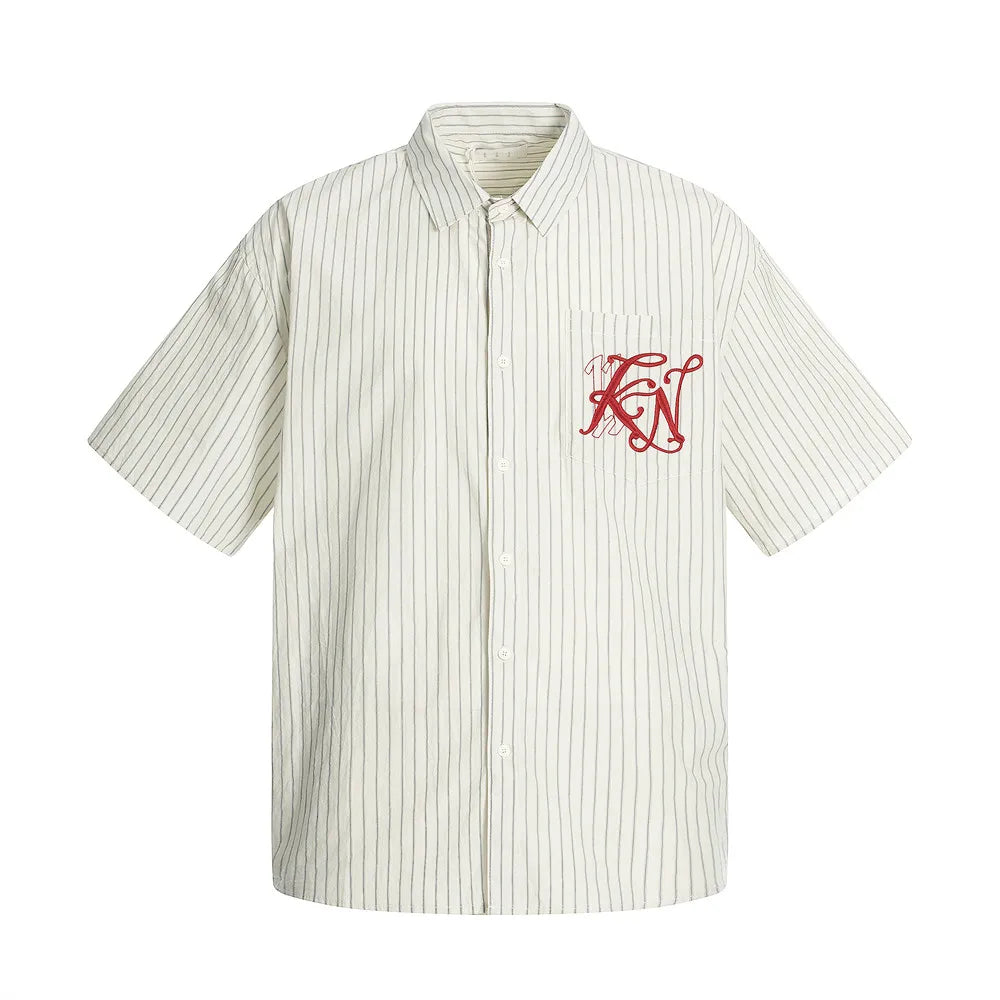 Y2K Letter Embroidered Striped Single Breasted Short Sleeve Shirt