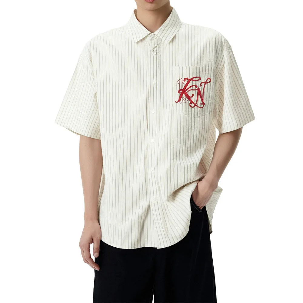 Y2K Letter Embroidered Striped Single Breasted Short Sleeve Shirt