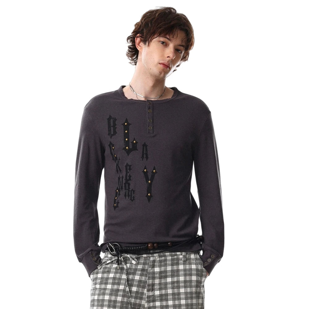 Y2K Letter Print Henley Button Long Sleeve Top
