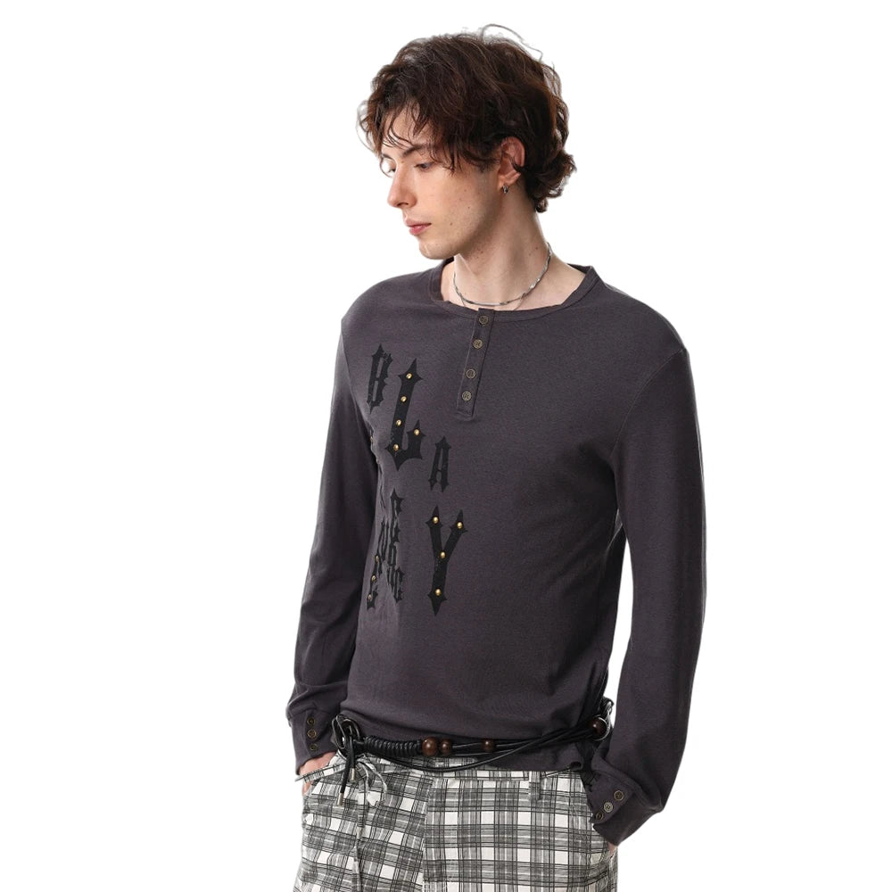 Y2K Letter Print Henley Button Long Sleeve Top