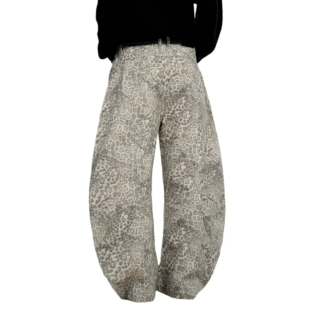 Y2K Light Leopard Print Baggy Denim Curved Barrel Jeans