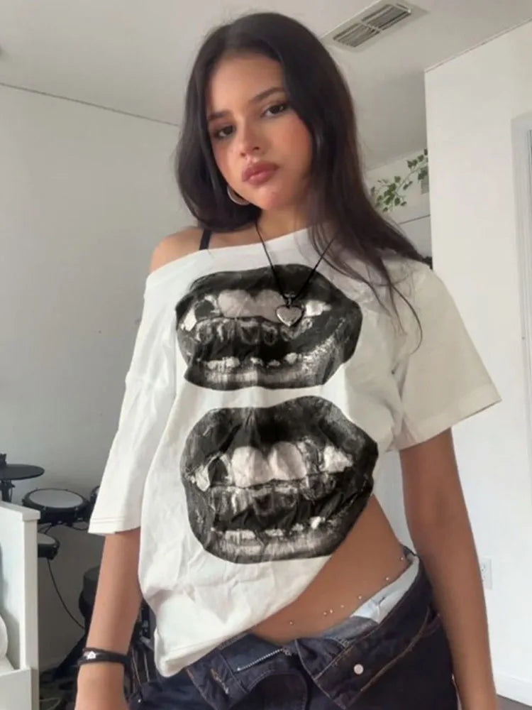 Y2K Lippy Lips Graphic Off Shoulder Top