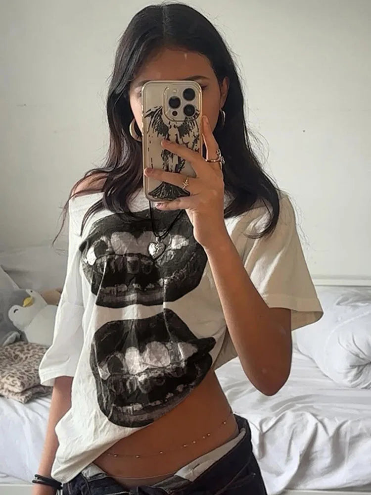 Y2K Lippy Lips Graphic Off Shoulder Top