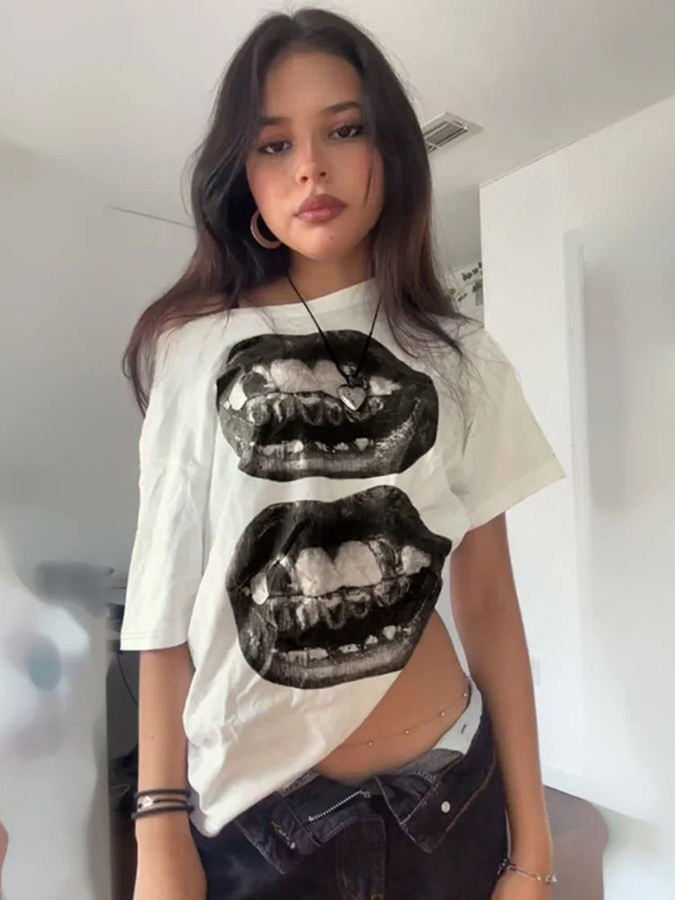 Y2K Lippy Lips Graphic Off Shoulder Top