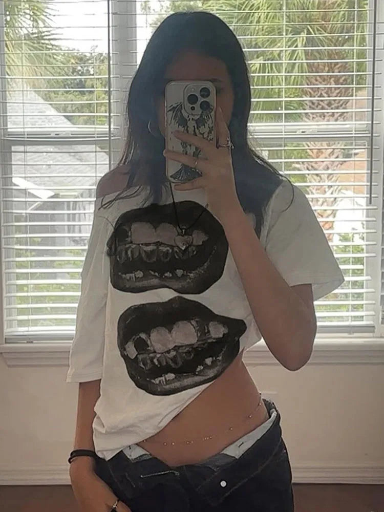 Y2K Lippy Lips Graphic Off Shoulder Top