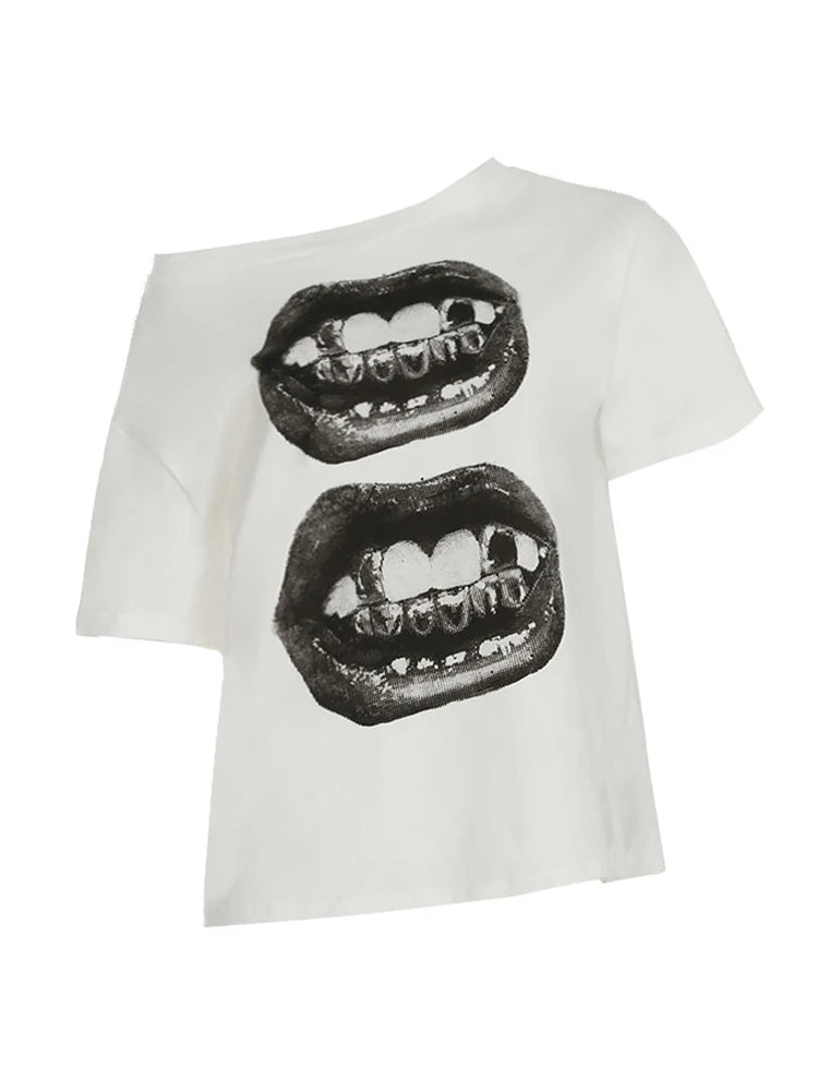 Y2K Lippy Lips Graphic Off Shoulder Top