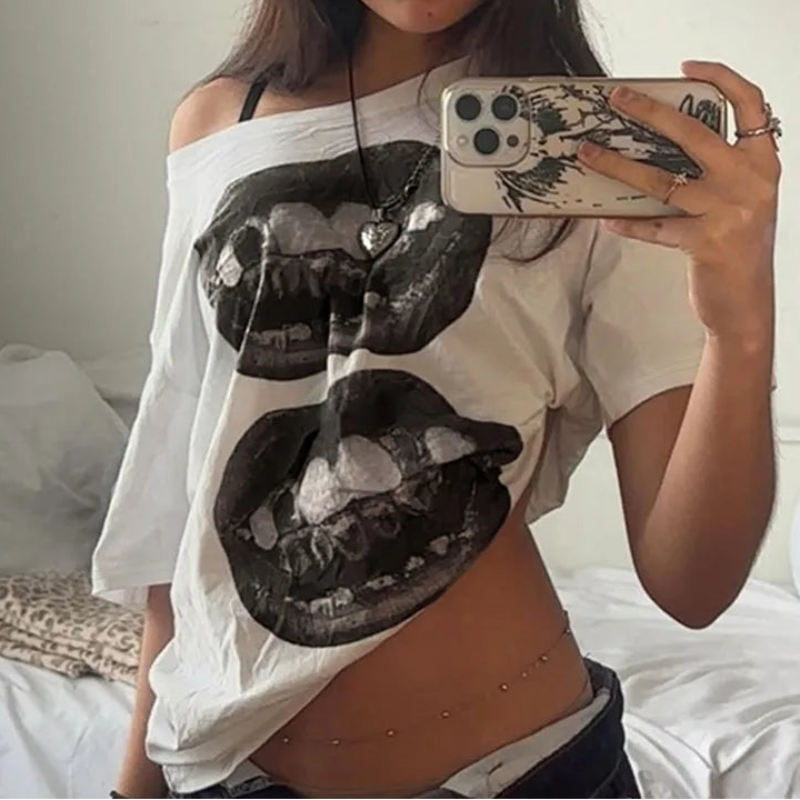 Y2K Lippy Lips Graphic Off Shoulder Top