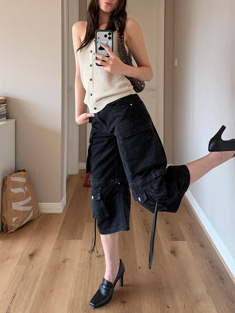 Y2K Long Black Boyfriend Cargo Jorts