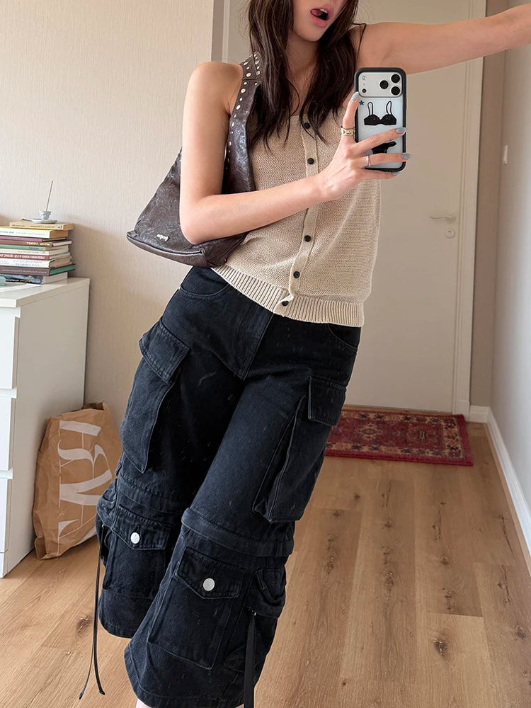 Y2K Long Black Boyfriend Cargo Jorts