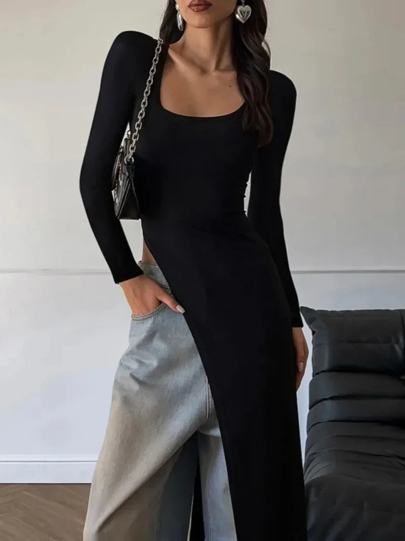 Y2K Long Sleeve High Slit Black Dress