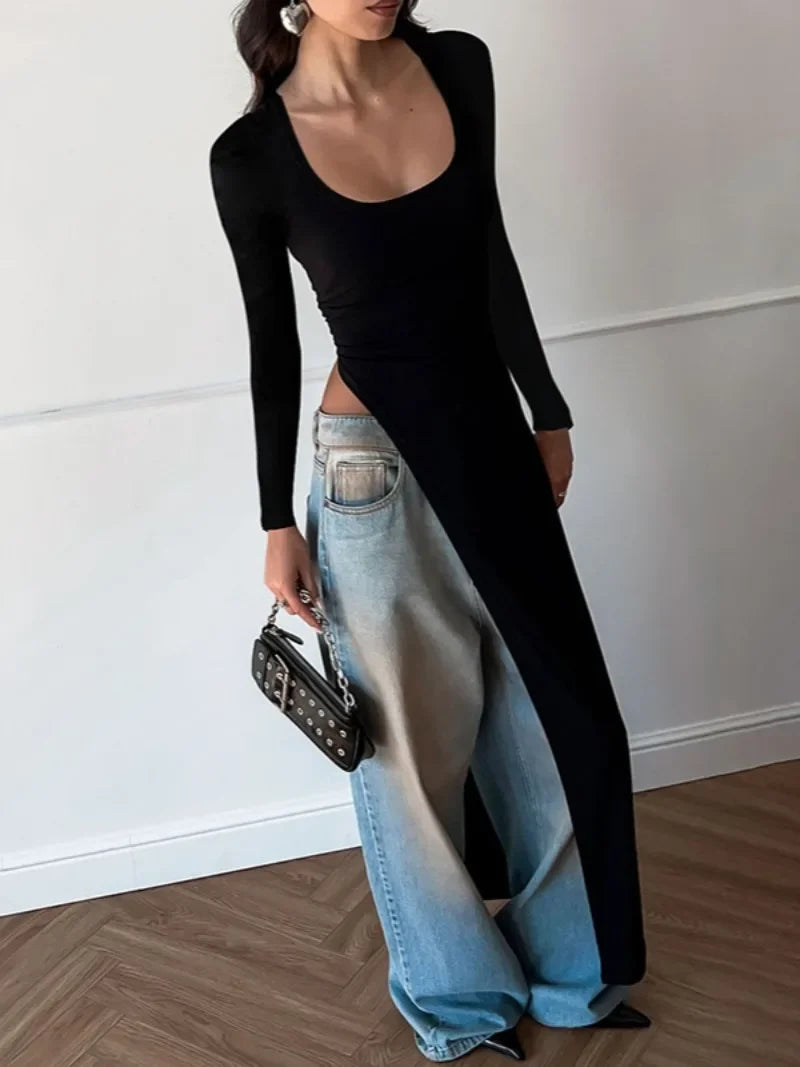 Y2K Long Sleeve High Slit Black Dress