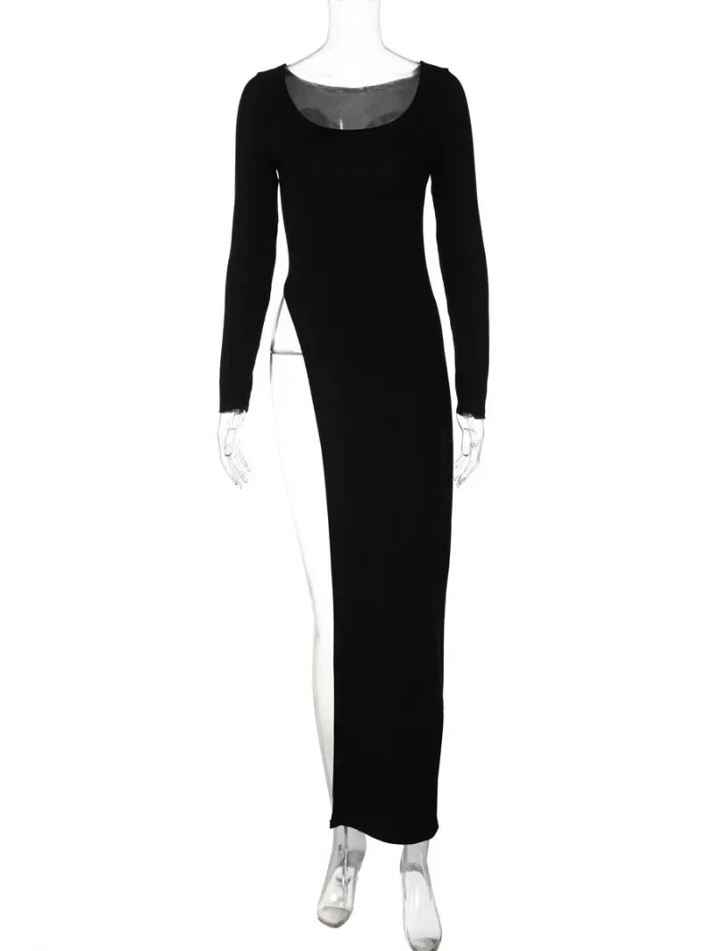 Y2K Long Sleeve High Slit Black Dress