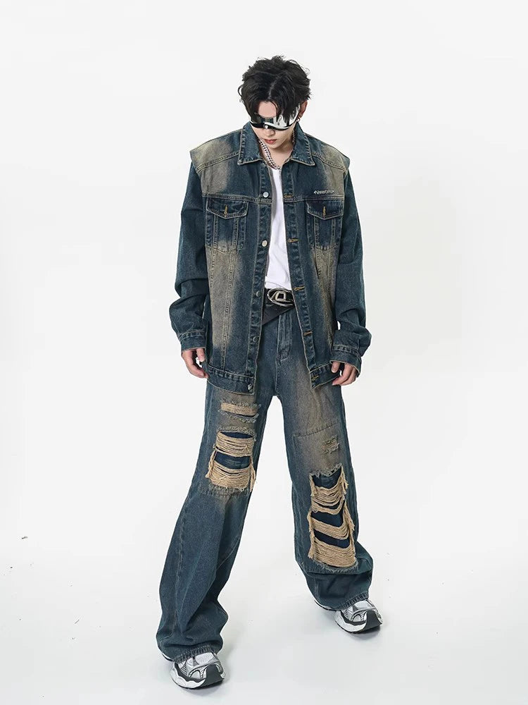 Y2K Long Sleeve Mens Distressed Denim Jacket