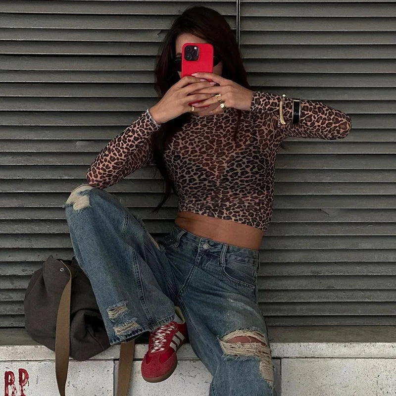 Y2K Long Sleeve Mesh Leopard Print Top