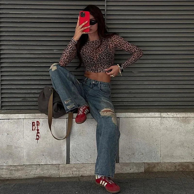 Y2K Long Sleeve Mesh Leopard Print Top