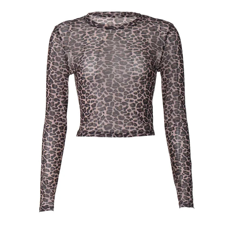Y2K Long Sleeve Mesh Leopard Print Top