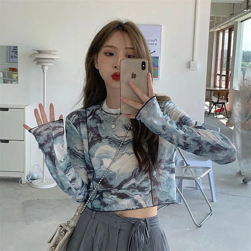 Y2K Long Sleeve Printed Mesh Top