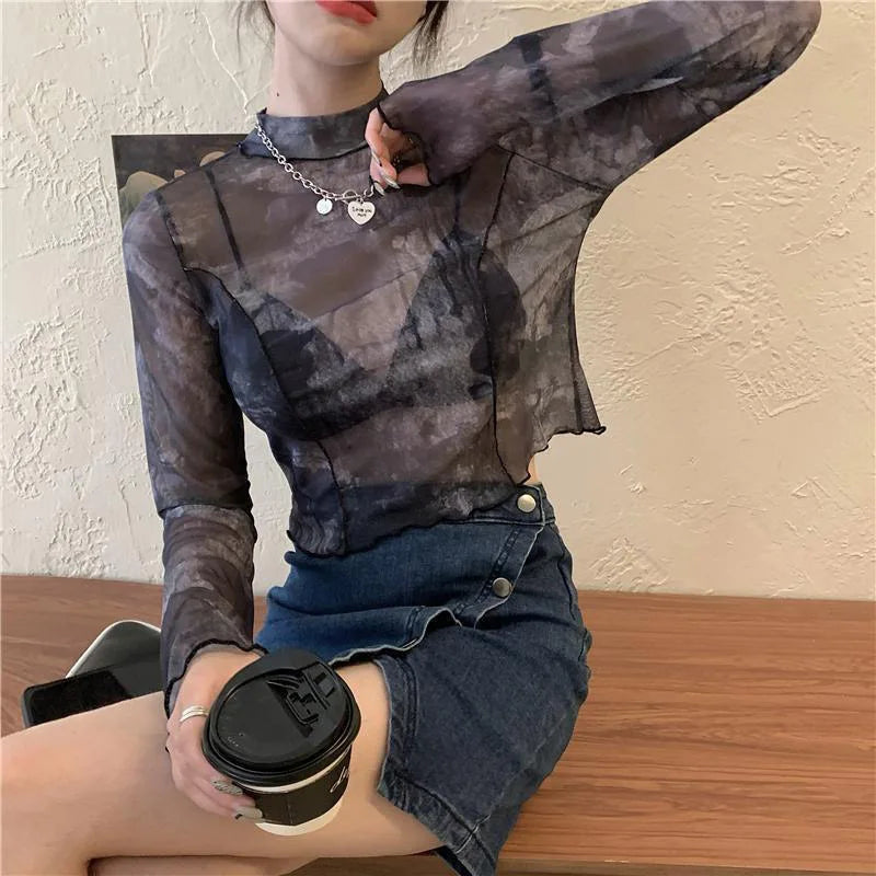 Y2K Long Sleeve Printed Mesh Top