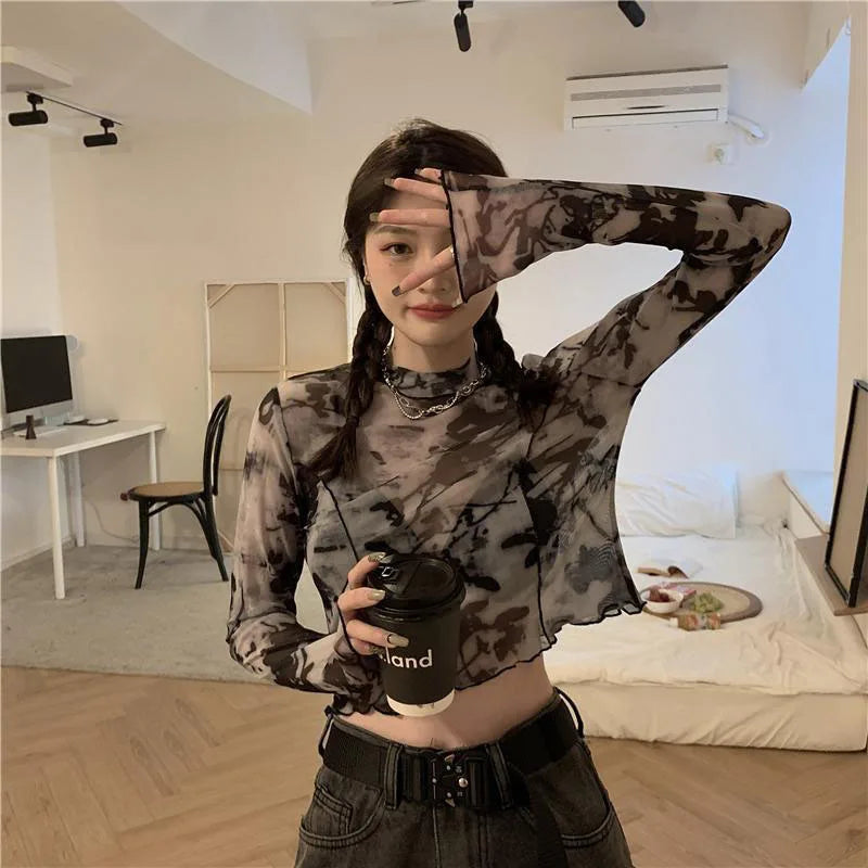 Y2K Long Sleeve Printed Mesh Top