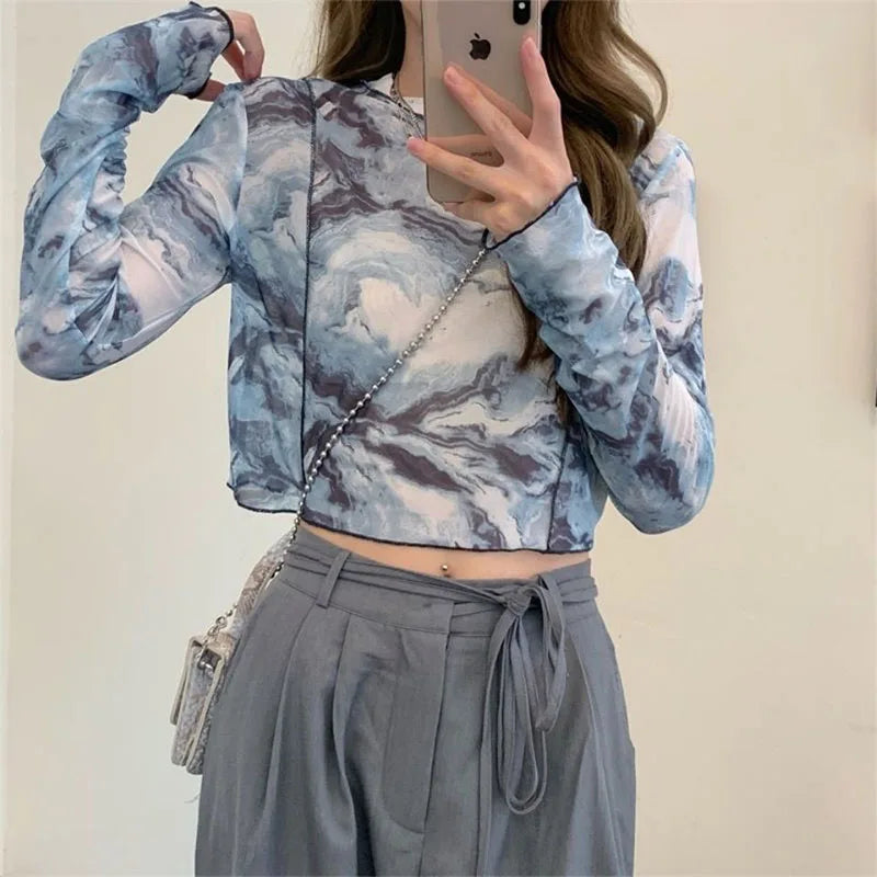 Y2K Long Sleeve Printed Mesh Top