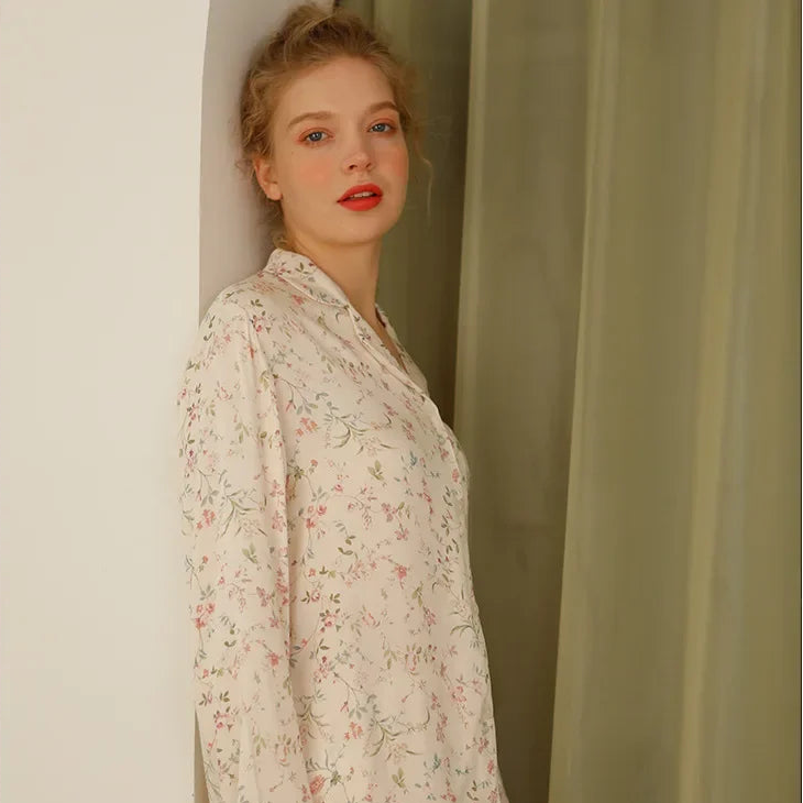 Y2K Long Sleeve Willow Leaf Print Two Piece Pyjamas