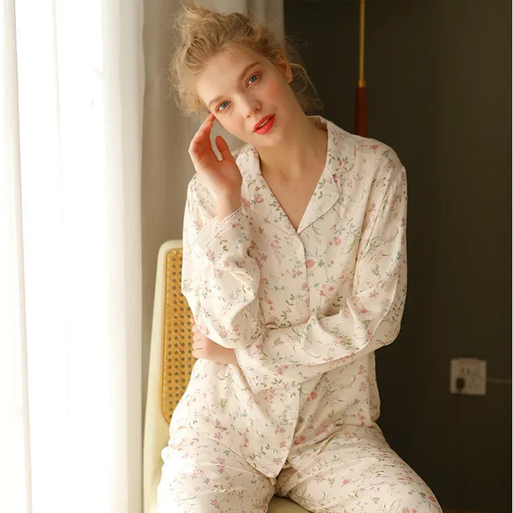 Y2K Long Sleeve Willow Leaf Print Two Piece Pyjamas
