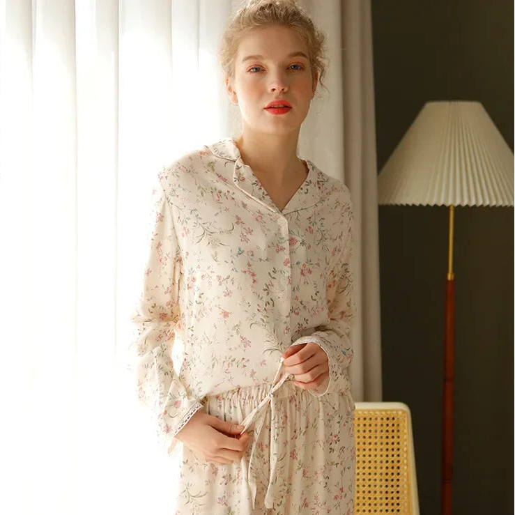 Y2K Long Sleeve Willow Leaf Print Two Piece Pyjamas
