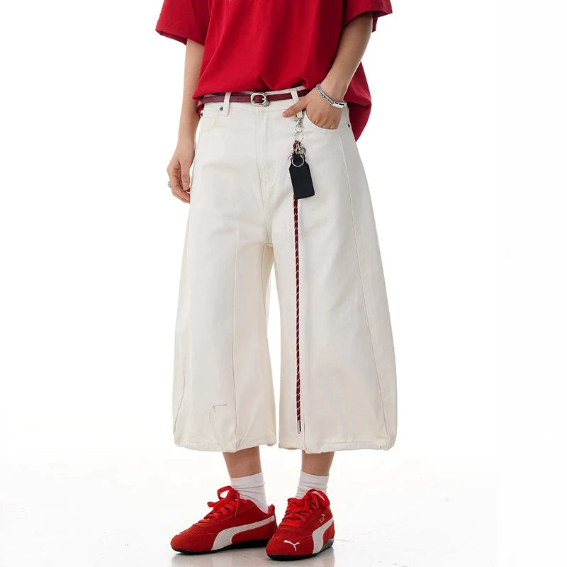 Y2K Loose Wide Leg White Long Denim Shorts Jorts