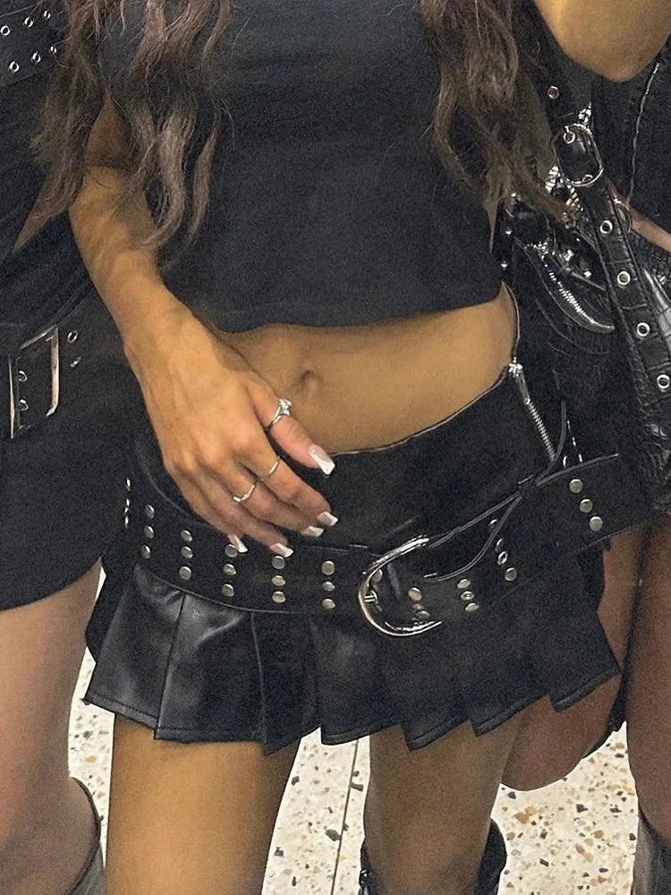 Y2K Low Waist Black Leather Mini Skirt