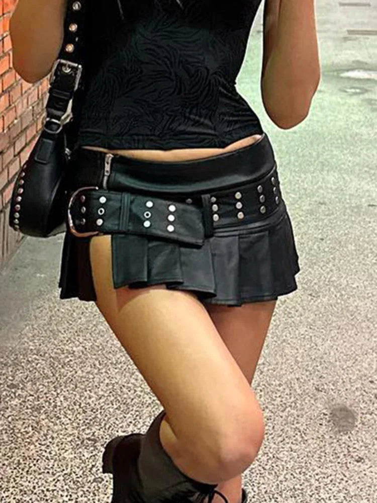 Y2K Low Waist Black Leather Mini Skirt